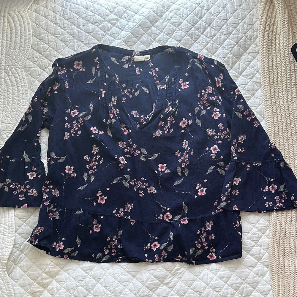 Blue and Pink Floral Blouse with Bell Sleeves and Ruffled Style